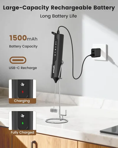 Vista 4 de AMOSA Espumador de leche de mano con soporte, espumador recargable con 3 velocidades y 3 cabezales, espumador de viaje con funda, mezclador de café