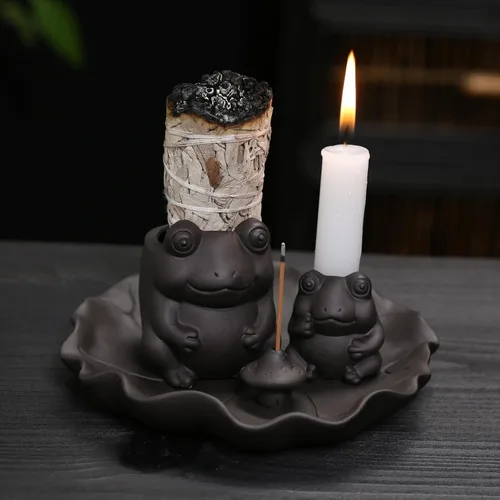 Vista 6 de ChangWanna Soporte multifuncional para incienso de rana 4 en 1, soporte de Palo Santo, soporte de salvia, soporte de incienso de cerámica