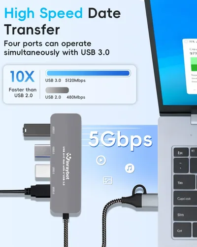 Vista 2 de Hub USB para laptop, divisor USB de 4 puertos, concentrador USB a concentrador de puerto USB 3.0, concentrador USBC de múltiples puertos, extensor