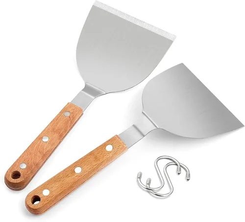 Vista 8 de HaSteeL - Juego de 2 espátulas de metal para plancha de acero inoxidable con asas de plástico ABS, herramientas profesionales para plancha
