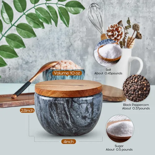 Vista 2 de MarcZero - Salero grande con caja de especias y condimentos, contenedor de pimienta, base de mármol con cubierta de madera, diseño elegante de gran