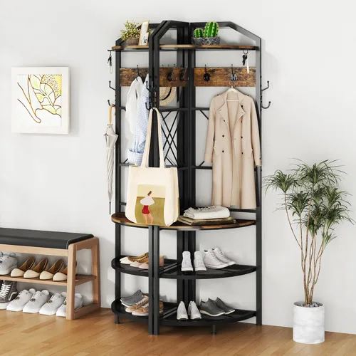 Vista 3 de Perchero esquinero con almacenamiento, árbol de entrada con banco y 10 ganchos de metal, perchero independiente para ropa y zapatos, organizador