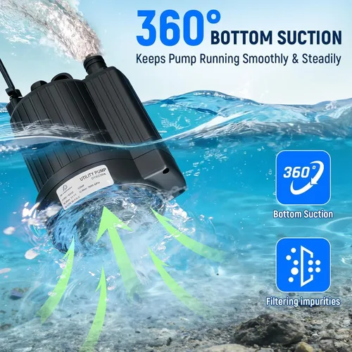 Vista 6 de D-HONOR Sump Pump, Submersible Water Pump 1/3 HP 1600 GPH with Float Switch Automatic Utility Pump for Pool, Pond, Garden, Flooded Basement