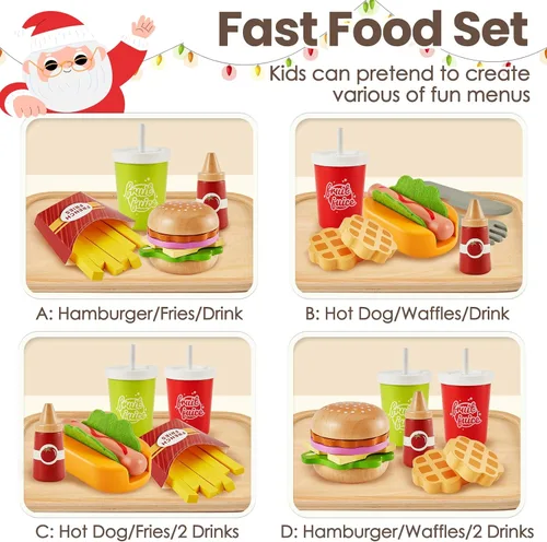 Vista 5 de Juego de Comida de Simulación para Cocina Infantil, Juego de Hamburguesas de Comida Rápida de Madera, Juguetes de Comida para Cocina de Simulación