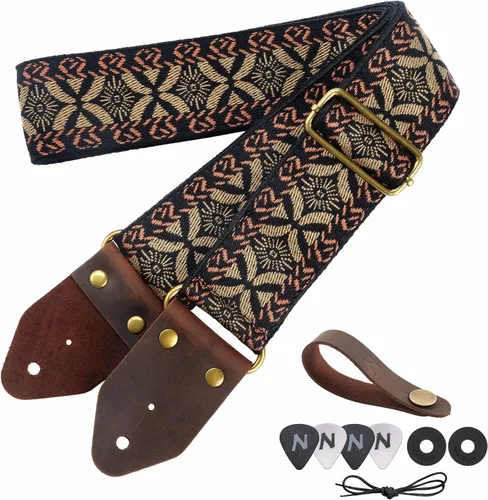 Vista 15 de Nefelibata Correa de guitarra, correas de guitarra de algodón bordado jacquard con extremos de cuero de caballo loco para bajo, eléctrico