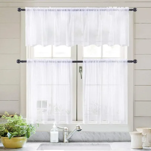 Vista 6 de MIULEE Cortina Transparente de Cocina Blanca Sólida con Cenefa de Aspecto de Lino para Ventana, Cenefa de Gasa Transparente para Ventanas de Sala