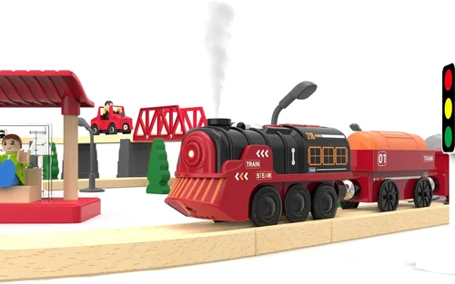 Vista 6 de Tren eléctrico de juguete para pistas de madera, juguetes de tren motorizado de Navidad para niños pequeños, tren a pilas incluye luces, sonidos