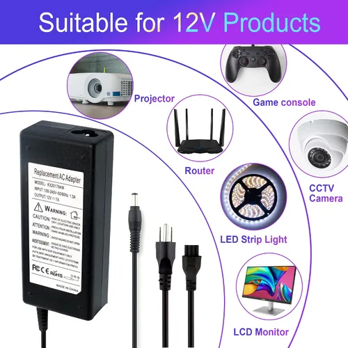 Vista 4 de Fuente de alimentación de 12 V, 7 A, 84 W, adaptador de CA AurGun de 100 V-240 V a CC 12 voltios 7 amperios convertidor de energía transformador