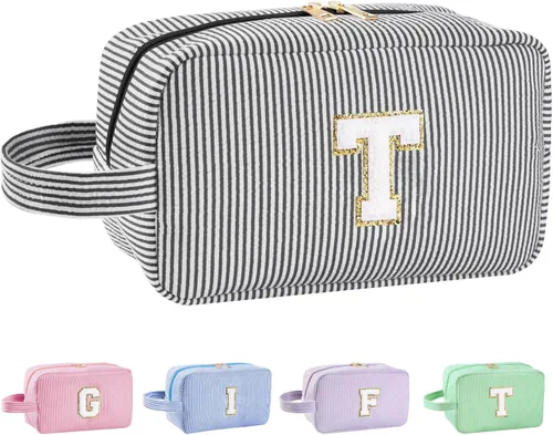 Vista 72 de Bolsa de maquillaje personalizada con inicial A-Z para mujeres, niñas y niños, bolsa de aseo de viaje, bolsa de maquillaje preparada, bolsa