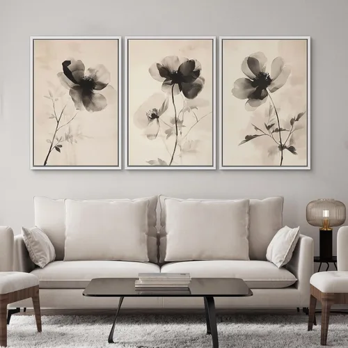 Vista 340 de SIGNWIN Lienzo enmarcado para pared, juego de arte de collage de hojas transparentes en blanco y negro, ilustraciones de naturaleza silvestre, arte