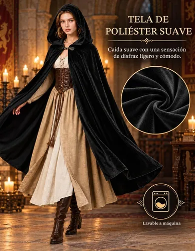 Vista 5 de JPXH Capa medieval con capucha renacentista para hombres y mujeres, disfraz de Halloween Negro