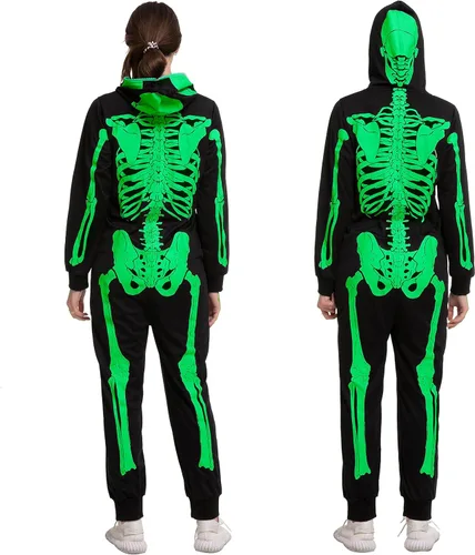 Vista 2 de Spooktacular Creations Pijama de esqueleto, disfraz de esqueleto que brilla en la oscuridad, overol para mujeres adultas para fiesta temática