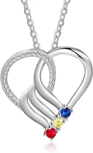 Vista 2 de Jeweidea Collar de corazón personalizado con 2-6 piedras natales de imitación con nombre personalizado madre e hija cadena colgante para mujeres