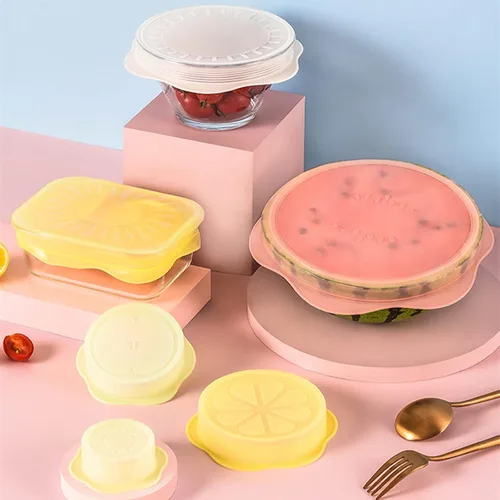 Vista 8 de Juego de tapas elásticas de silicona para almacenamiento de alimentos, diseño de frutas, fundas de silicona reutilizables de grado alimenticio