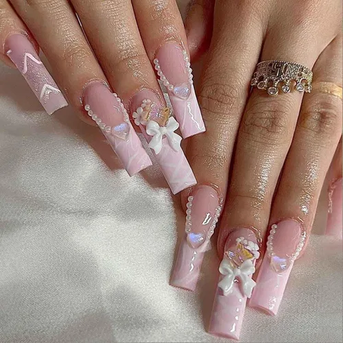 Vista 10 de Foccna - Uñas postizas 3D con flores, cuadradas, rosas, francesas, brillantes, con strass, largas, para manicura, 24 piezas