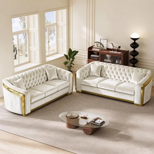 Vista 20 de DAMAIFROM Sofá Chesterfield moderno de mediados de siglo, sofá de terciopelo de 62" blanco y dorado, sofá biplaza curvo de lujo para sala de estar