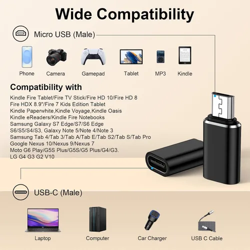 Vista 6 de Adaptador micro USB a USB C, paquete de 4 conectores tipo C hembra a micro USB macho, compatible con carga y sincronización de datos para Samsung