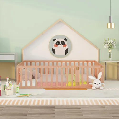 Vista 3 de Bellemave Cama de suelo para niños, marco de cama Montessori tamaño Queen con barandillas de valla para niños, camas de madera para niños y niñas