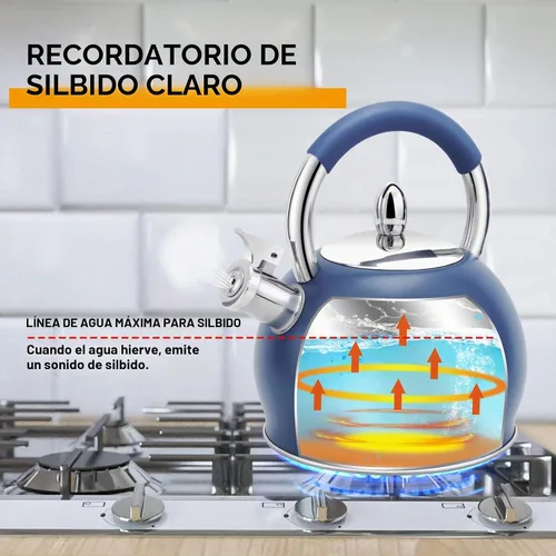 Vista 4 de Tetera silbante para estufa, tetera de acero inoxidable con mango ergonómico de silicona, tetera para estufa, 3.2 cuartos de galón / 3 litros, azul