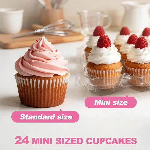 Vista 12 de LotFancy (24 unidades x 12 juegos) Mini recipientes para cupcakes con 288 forros, soporte de cajas de plástico para cupcakes, sin BPA, transparente
