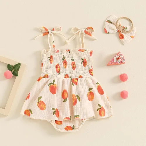 Vista 105 de Mameluco para bebés y niñas de 3, 6, 9, 12, 18 meses, enterizo de manga corta, fruncido, faldas y dobladillo, diadema