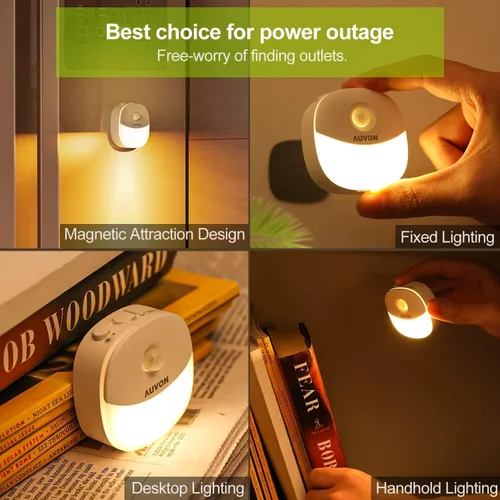 Vista 7 de AUVON Luz nocturna de batería recargable, mini con sensor de movimiento, luz LED blanca cálida con sensor de atardecer a amanecer, brillo ajustable