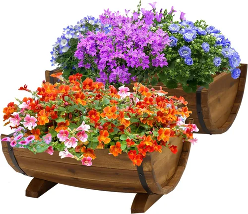 Vista 9 de Juego de 3 cajas de flores de madera para exteriores, macetas de barril de madera de acacia duraderas para plantas al aire libre con asas