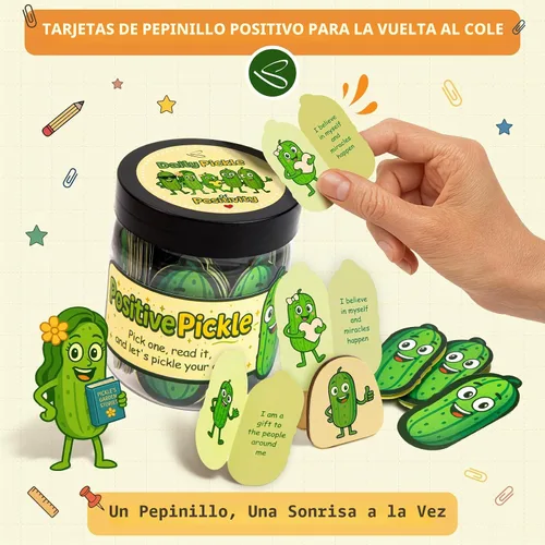 Vista 3 de Tarro de pepinillos positivos, 60 tarjetas de afirmación, regalos de AA. Encurtido positivo