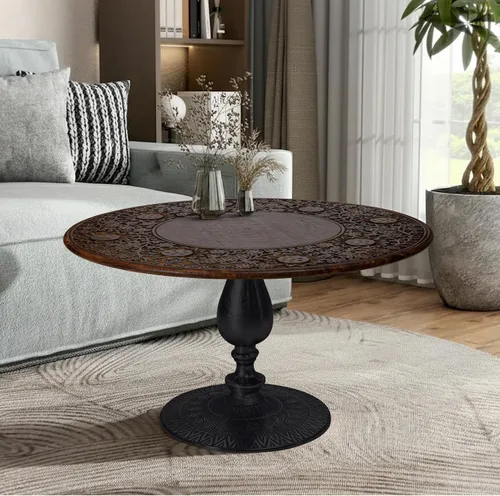 Vista 3 de Mesa de centro de madera maciza tallada a mano de 24 x 24 x 18 pulgadas, mesa de centro moderna con acabado quemado vintage para sala de estar, mesa