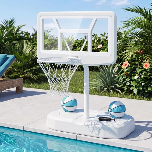 Vista 12 de Goplus Aro de baloncesto para piscina con tablero de policarbonato de 42 pulgadas, 2 bolas, bomba
