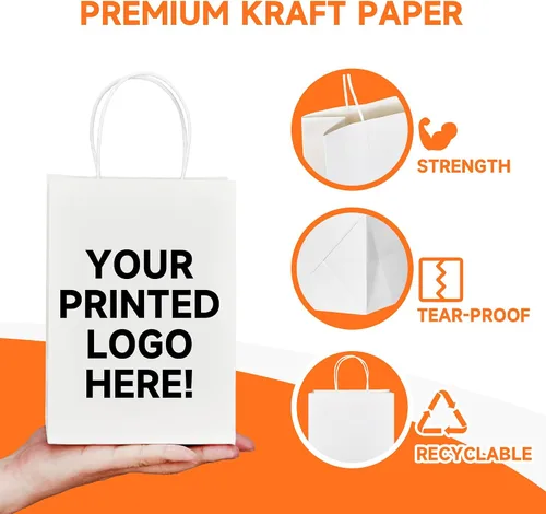 Vista 2 de METAPRINT 50 bolsas de papel kraft impresas personalizadas para pequeñas empresas, tamaño mediano de 8 x 4.5 x 10 pulgadas, bolsas de regalo