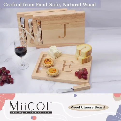 Vista 3 de Miicol Tabla de madera para charcutería, tabla de queso con monograma de 10 pulgadas, tabla de cortar inicial personalizada con esparcidor, regalo