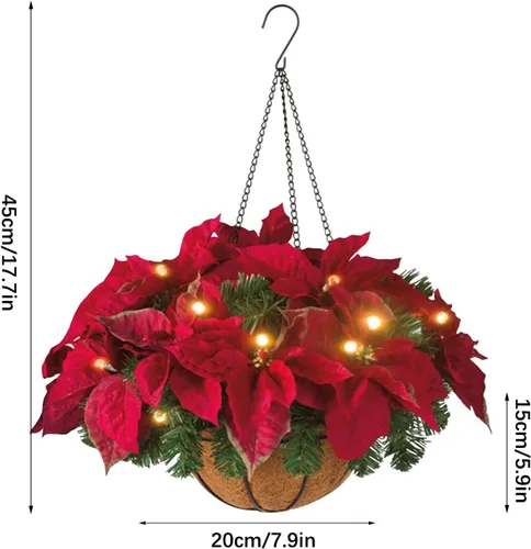 Vista 4 de Cesta colgante de Navidad preiluminada de 17.7 pulgadas, flor de pascua artificial, maceta colgante de flores de Navidad con luces, cesta de Navidad