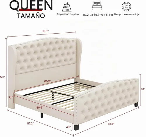 Vista 2 de BRELTAM Marco de cama tapizado tamaño Queen en terciopelo color beige con cabecera y pie de cama acolchados con botones profundos y soporte