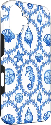 Vista 3 de iPhone 16 Coastal Granddaughter Blue Shells Starfish Seahorse Preppy Case