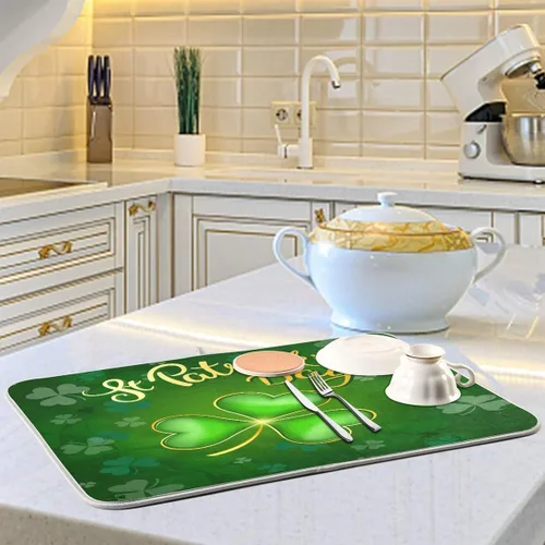 Vista 6 de Tapete de secado de platos de trébol verde de 16 x 18 pulgadas para cocina, trébol de la suerte, día de San Patricio, tapete escurridor de platos