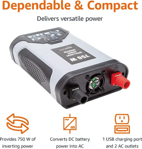 Vista 2 de Amazon Basics Inversor de corriente para automóvil de 750 W, 12 V a 110 V para vehículos, gris, 8.34 x 5.2 x 2.2 pulgadas