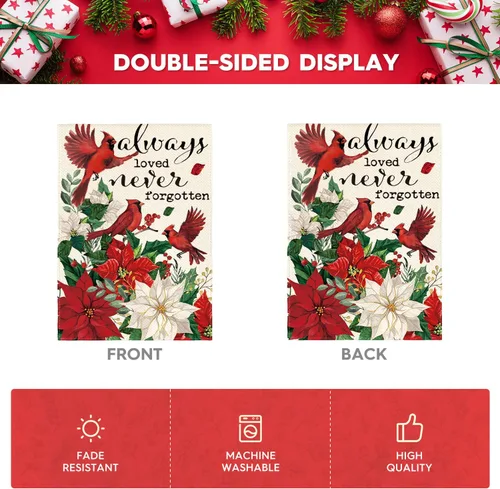 Vista 6 de AVOIN colorlife - Banderola conmemorativa de jardín "Siempre amado, nunca olvidado", para exteriores, diseño de cardenal y poinsettia navideña, 30,5