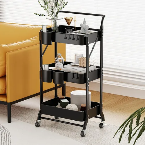 Vista 2 de Carrito plegable de 3 niveles con ruedas, carrito de utilidad plegable organizador, carrito de almacenamiento plegable con 3 tazas colgantes y 6