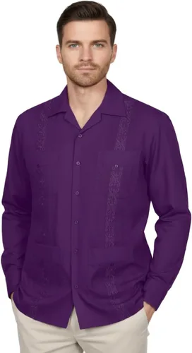 Vista 23 de NE PEOPLE Camisa de manga larga bordada con botones de guayabera cubana para hombre (S-4XL)