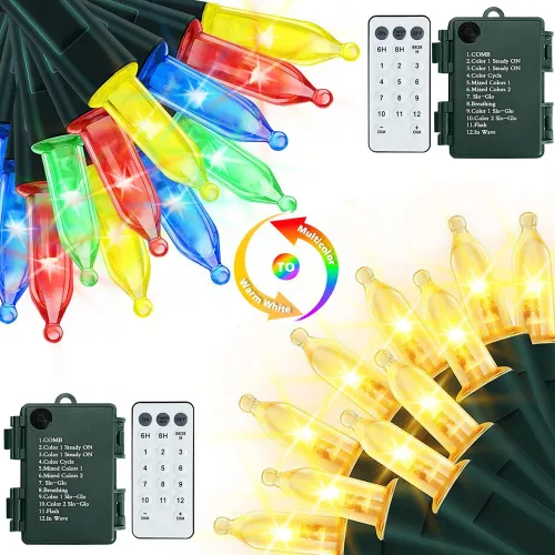 Vista 14 de Luces de Navidad a pilas, paquete de 2 mini tiras de 50 luces LED de 17 pies con 8 modos de temporizador automático, luces de árbol impermeables