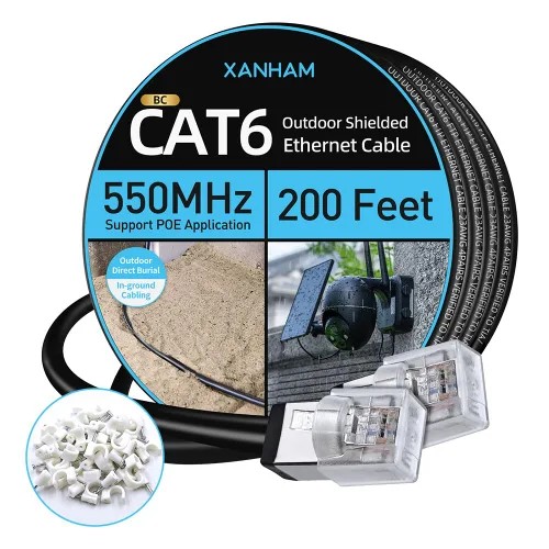 Vista 18 de Cable Ethernet Cat6 blindado para exteriores, 75 pies, impermeable y resistente a los rayos UV, cubierta directa de entierro directo 23 AWG, cable