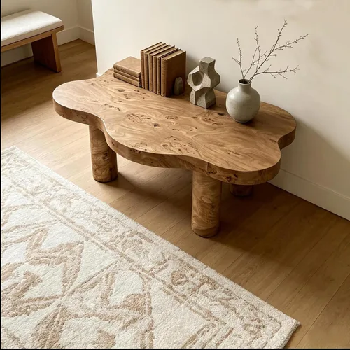 Vista 4 de WILLIAMSPACE Mesa de centro de nube de 39.7 pulgadas con chapa de madera Burl y 4 patas redondas, moderna mesa central de madera con patrón de nudo