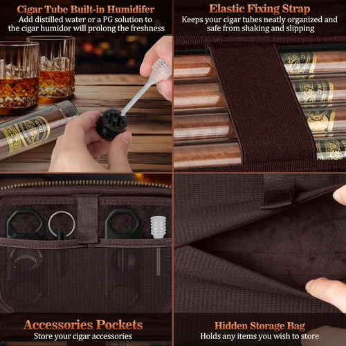 Vista 5 de Estuche Humidificador de Puros de Viaje, Bolsa Portátil para Puros con 4 Tubos para Puros, Estuche de Cuero para Puros Incluye Cortador Recto