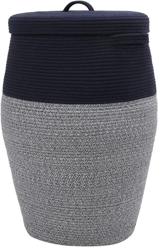 Vista 23 de Cesta de lavandería tejida extra grande de 26 x 20 pulgadas con tapa, cesta de almacenamiento de manta de cuerda de algodón, contenedor decorativo