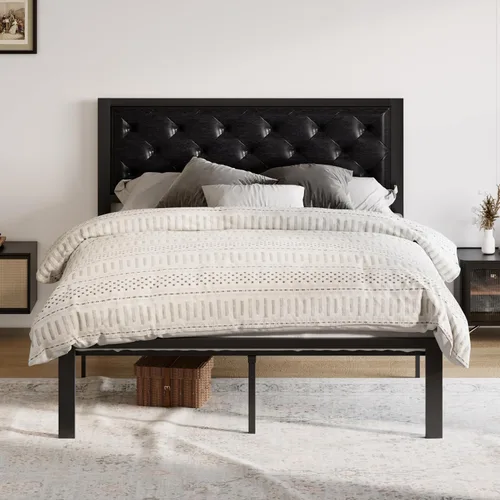 Vista 8 de Allewie Base de cama individual con cabecera tapizada de piel sintética, diseño elegante con costuras de diamante, no necesita somier, color negro
