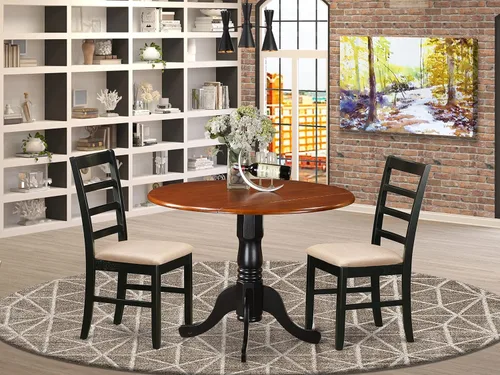 Vista 2 de East West Furniture DLPF3-BCH-C - Juego de comedor de 3 piezas que contiene una mesa de comedor redonda con gotas y 2 sillas de cocina tapizadas