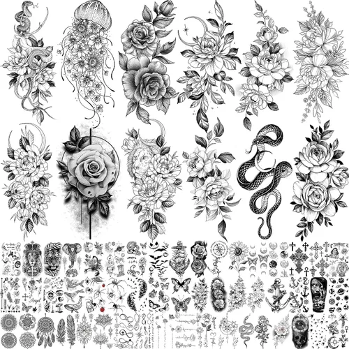 Vista 11 de Bilizar 63 hojas de tatuajes tribales temporales de lobo, león, tigre para hombres, mujeres, adultos, aterradores tatuajes temporales de calavera