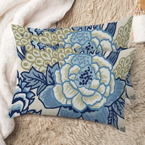 Vista 42 de Juego de 2 almohadas coloridas de estilo chinoiserie, color rosa intenso, azul real, peonía, floral, blanco, lino, estilo chinoiserie, para sofá