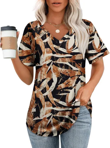 Vista 24 de OFEEFAN Camisetas básicas de manga corta con cuello en V para mujer, ajuste holgado, con dobladillo curvado B-verde